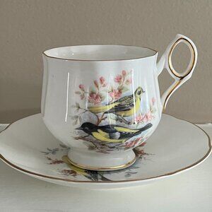 VTG Royal Dover Bone China, England, Teacup & Saucer, Yellow Birds, Pink, Floral
